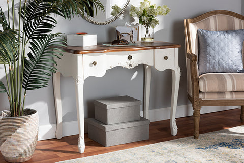 Baxton Studio Sophie Classic Traditional French Country White and Brown Finished Small 3-Drawer Wood Console Table