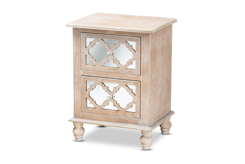 Baxton Studio Celia Transitional Rustic French Country White-Washed Wood and Mirror 2-Drawer Quatrefoil End Table