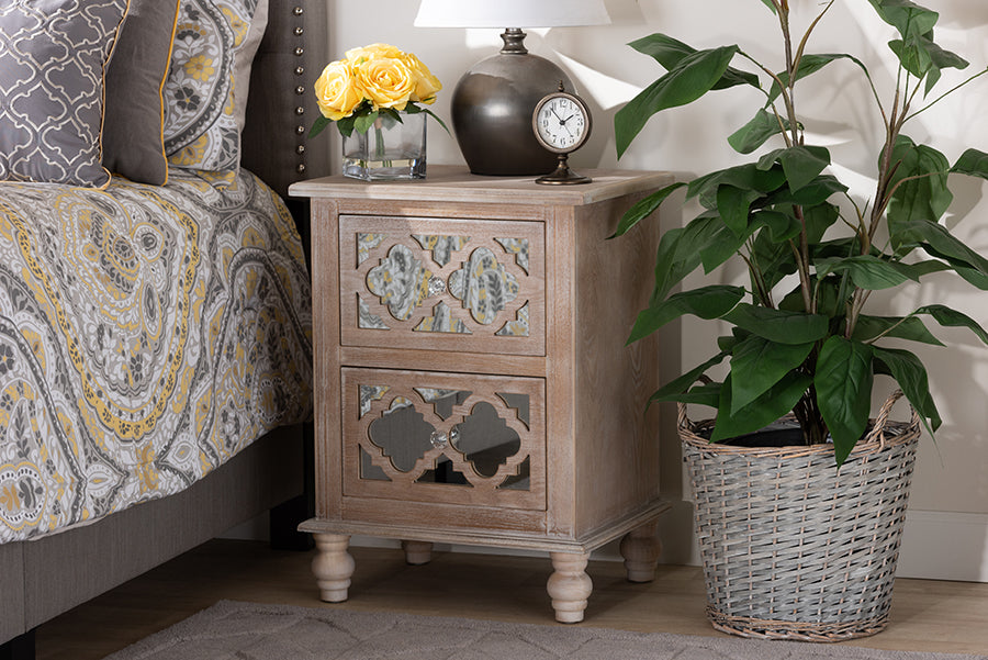 Baxton Studio Celia Transitional Rustic French Country White-Washed Wood and Mirror 2-Drawer Quatrefoil End Table