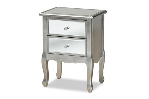 Baxton Studio Leonie Modern Transitional French Brushed Silver Finished Wood and Mirrored Glass 2-Drawer End Table