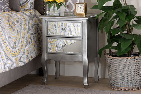 Baxton Studio Leonie Modern Transitional French Brushed Silver Finished Wood and Mirrored Glass 2-Drawer End Table