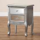 Baxton Studio Leonie Modern Transitional French Brushed Silver Finished Wood and Mirrored Glass 2-Drawer End Table