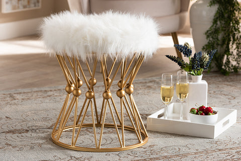 Baxton Studio Leonie Glam and Luxe White Faux Fur Upholstered Gold Finished Metal Ottoman