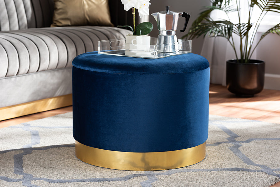 Baxton Studio Marisa Glam and Luxe Navy Blue Velvet Fabric Upholstered Gold Finished Storage Ottoman