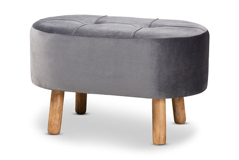 Baxton Studio Simone Mid-Century Modern Grey Velvet Fabric Upholstered Wood Ottoman