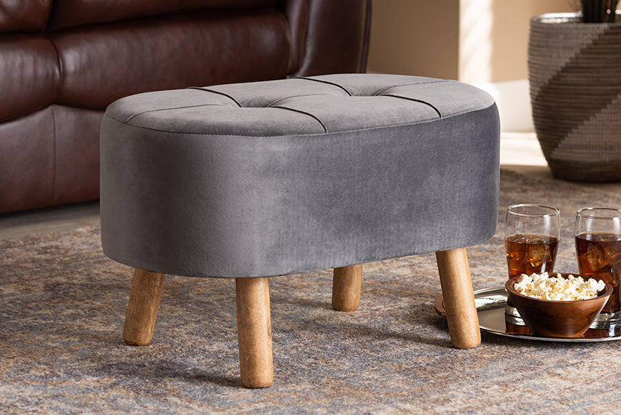 Baxton Studio Simone Mid-Century Modern Grey Velvet Fabric Upholstered Wood Ottoman