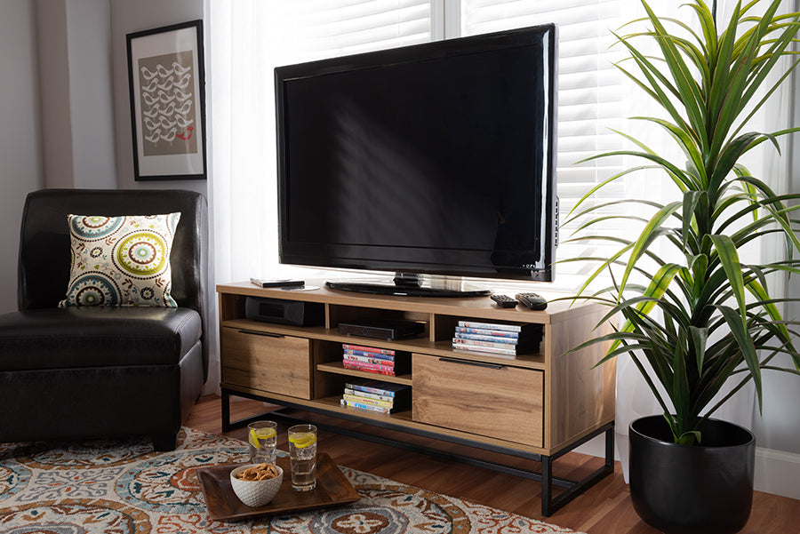 Baxton Studio Reid Modern and Contemporary Industrial Oak Finished Wood and Black Metal 2-Drawer TV Stand
