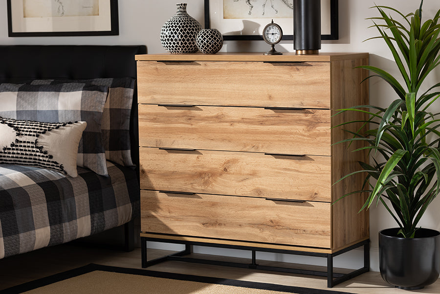 Baxton Studio Reid Modern and Contemporary Industrial Oak Finished Wood and Black Metal 4-Drawer Dresser