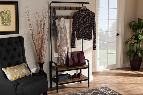 Baxton Studio Aislin Vintage Rustic Industrial Distressed Wood and Black Metal Finished Entryway Hall Tree