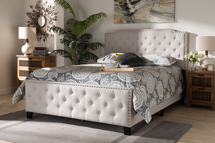 Baxton Studio Marion Modern Transitional Beige Fabric Upholstered Button Tufted Queen Size Panel Bed