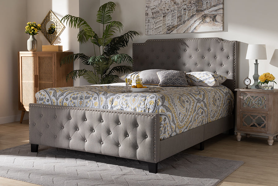Baxton Studio Marion Modern Transitional Grey Fabric Upholstered Button Tufted Queen Size Panel Bed