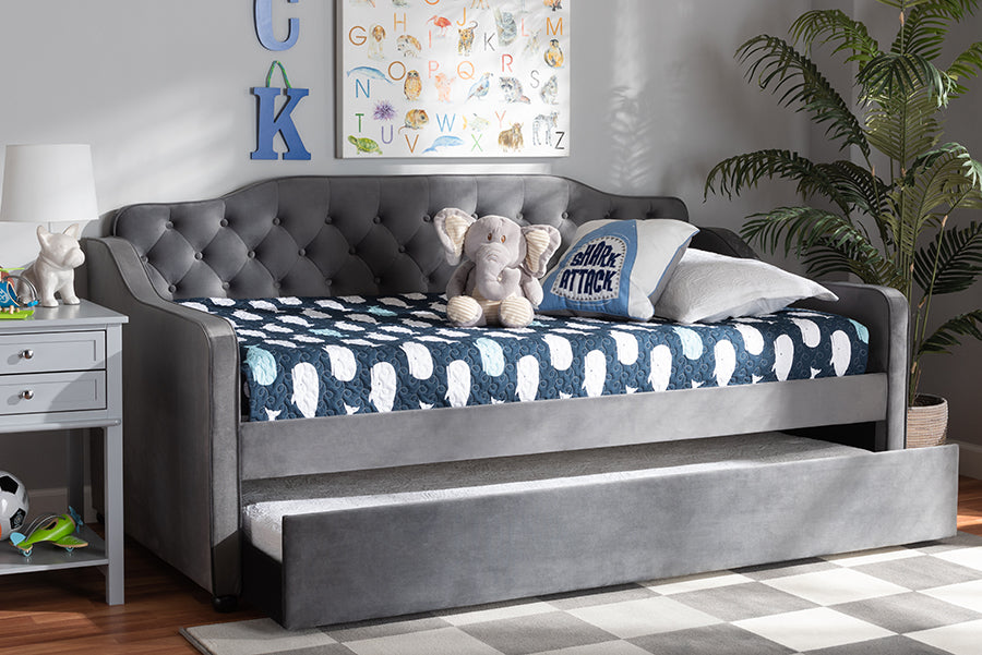 Baxton Studio Freda Traditional and Transitional Grey Velvet Fabric Upholstered and Button Tufted Twin Size Daybed with Trundle