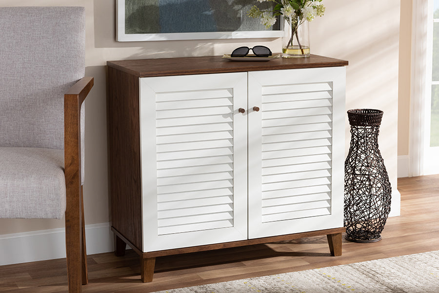 Baxton Studio Coolidge Modern and Contemporary White and Walnut Finished 4-Shelf Wood Shoe Storage Cabinet