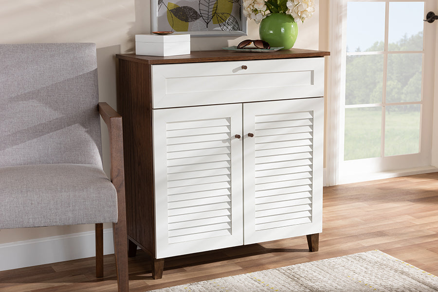 Baxton Studio Coolidge Modern and Contemporary White and Walnut Finished 4-Shelf Wood Shoe Storage Cabinet with Drawer