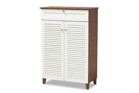 Baxton Studio Coolidge Modern and Contemporary White and Walnut Finished 5-Shelf Wood Shoe Storage Cabinet with Drawer