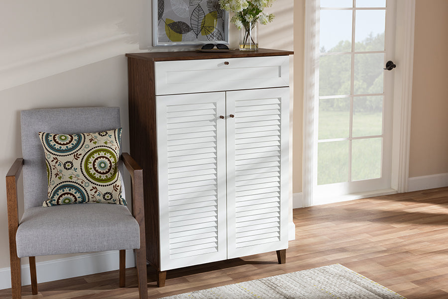 Baxton Studio Coolidge Modern and Contemporary White and Walnut Finished 5-Shelf Wood Shoe Storage Cabinet with Drawer