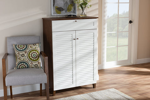 Baxton Studio Coolidge Modern and Contemporary White and Walnut Finished 5-Shelf Wood Shoe Storage Cabinet with Drawer