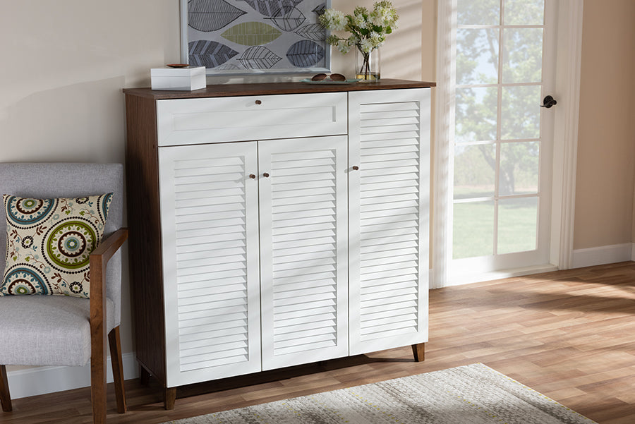 Baxton Studio Coolidge Modern and Contemporary Walnut Finished 11-Shelf Wood Shoe Storage Cabinet with Drawer