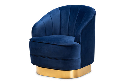 Baxton Studio Fiore Glam and Luxe Royal Blue Velvet Fabric Upholstered Brushed Gold Finished Swivel Accent Chair