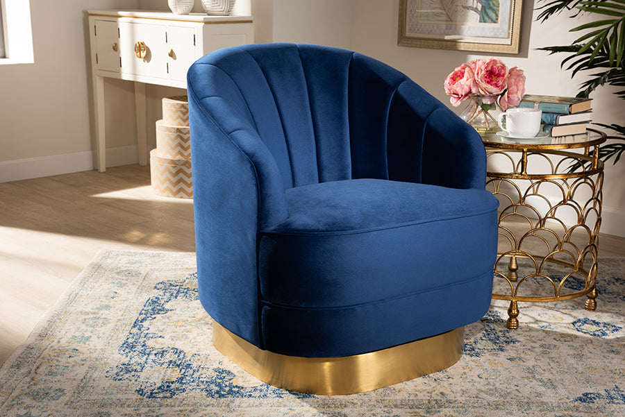 Baxton Studio Fiore Glam and Luxe Royal Blue Velvet Fabric Upholstered Brushed Gold Finished Swivel Accent Chair