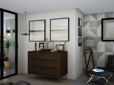 Manhattan Comfort Rockefeller Mid-Century Modern 35" Dresser in Chestnut Brown (3-Drawer)