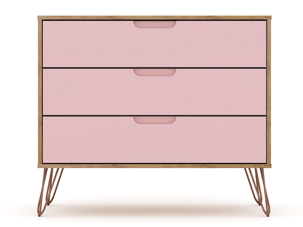 Manhattan Comfort Rockefeller Mid-Century Modern 35" Dresser in Pink (3-Drawer)
