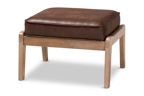 Baxton Studio Sigrid Mid-Century Modern Dark Brown Faux Leather Effect Fabric Upholstered Antique Oak Finished Wood Ottoman