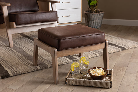 Baxton Studio Sigrid Mid-Century Modern Dark Brown Faux Leather Effect Fabric Upholstered Antique Oak Finished Wood Ottoman