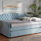 Baxton Studio Freda Transitional and Contemporary Light Blue Velvet Fabric Upholstered and Button Tufted Full Size Daybed with Trundle
