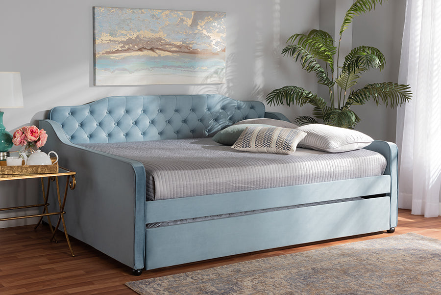 Baxton Studio Freda Transitional and Contemporary Light Blue Velvet Fabric Upholstered and Button Tufted Queen Size Daybed with Trundle