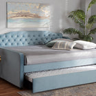 Baxton Studio Freda Transitional and Contemporary Light Blue Velvet Fabric Upholstered and Button Tufted Queen Size Daybed with Trundle