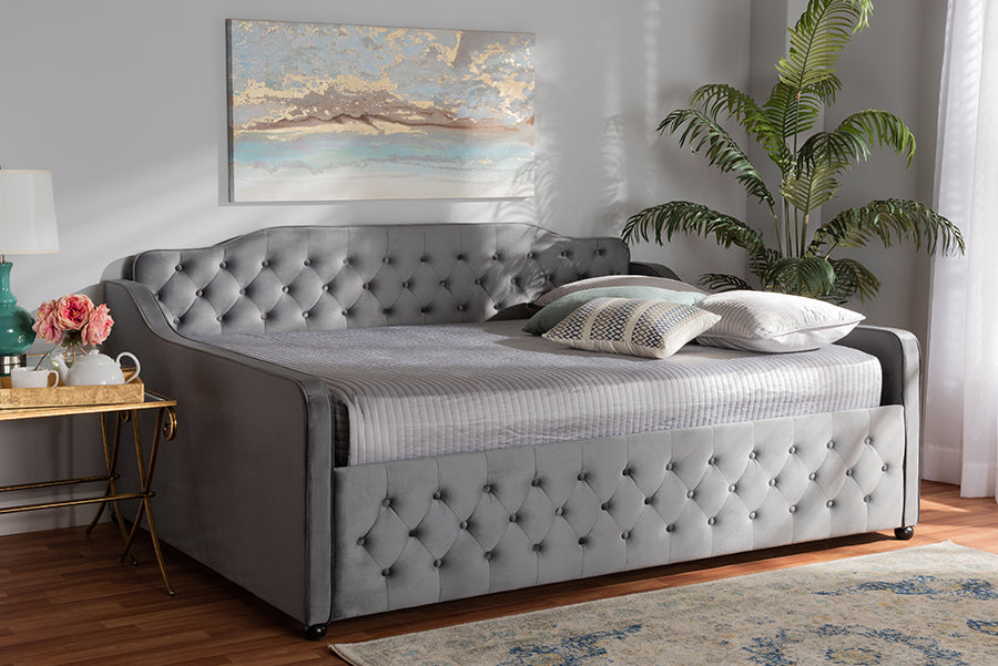 Baxton Studio Freda Transitional and Contemporary Grey Velvet Fabric Upholstered and Button Tufted Queen Size Daybed