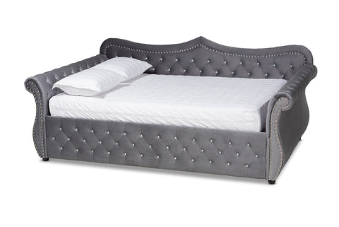 Baxton Studio Abbie Traditional and Transitional Grey Velvet Fabric Upholstered and Crystal Tufted Queen Size Daybed