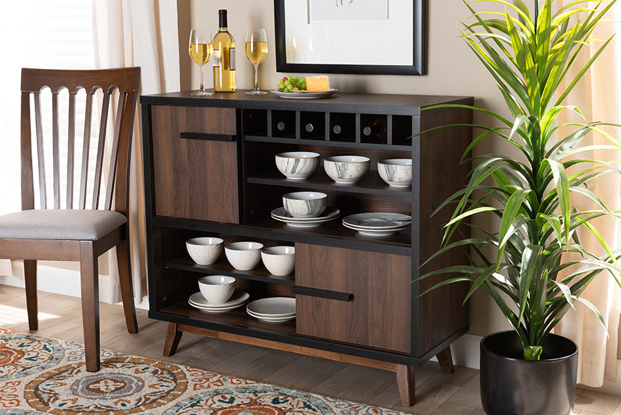 Baxton Studio Margo Mid-Century Modern Two-Tone Walnut Brown and Black Finished Wood Wine Storage Cabinet