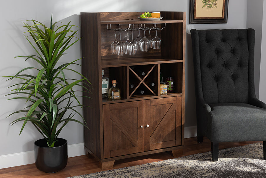 Baxton Studio Carrie Transitional Farmhouse Walnut Brown Finished Wood Wine Storage Cabinet