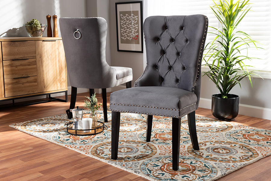 Baxton Studio Remy Modern Transitional Grey Velvet Fabric Upholstered Espresso Finished 2-Piece Wood Dining Chair Set Set