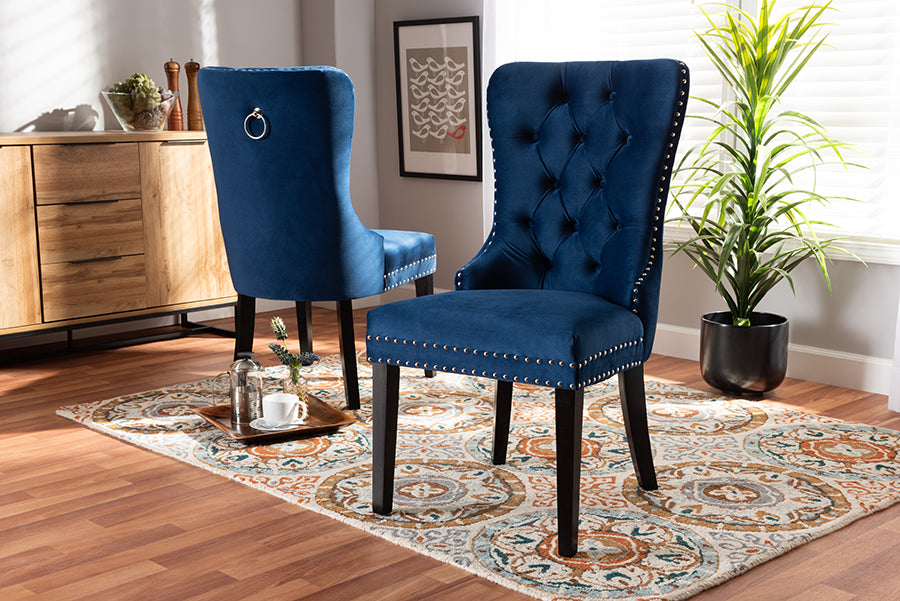 Baxton Studio Remy Modern Transitional Navy Blue Velvet Fabric Upholstered Espresso Finished 2-Piece Wood Dining Chair Set Set