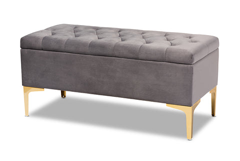 Baxton Studio Valere Glam and Luxe Grey Velvet Fabric Upholstered Gold Finished Button Tufted Storage Ottoman