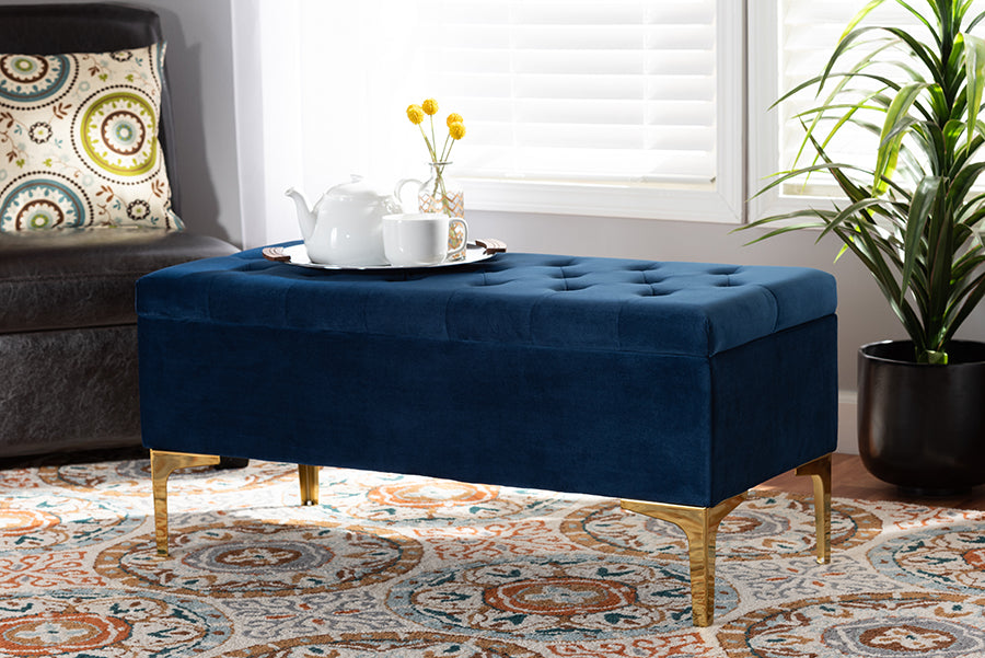 Baxton Studio Valere Glam and Luxe Navy Blue Velvet Fabric Upholstered Gold Finished Button Tufted Storage Ottoman