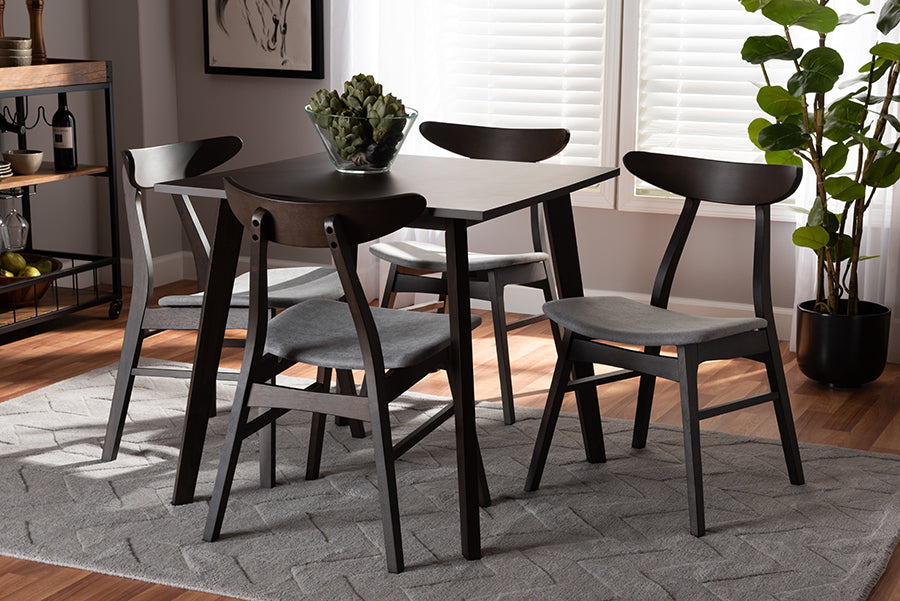 Baxton Studio Britte Mid-Century Modern Light Grey Fabric Upholstered Dark Oak Brown Finished 5-Piece Wood Dining Set