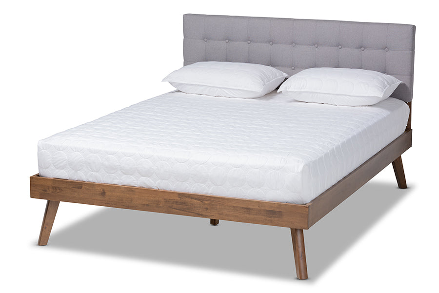 Baxton Studio Devan Mid-Century Modern Light Grey Fabric Upholstered Walnut Brown Finished Wood Full Size Platform Bed