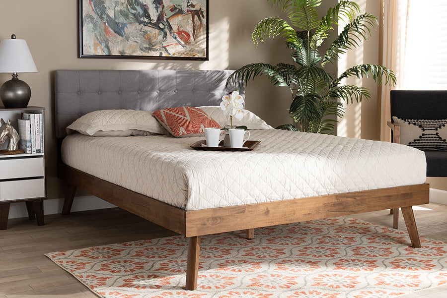 Baxton Studio Devan Mid-Century Modern Light Grey Fabric Upholstered Walnut Brown Finished Wood King Size Platform Bed