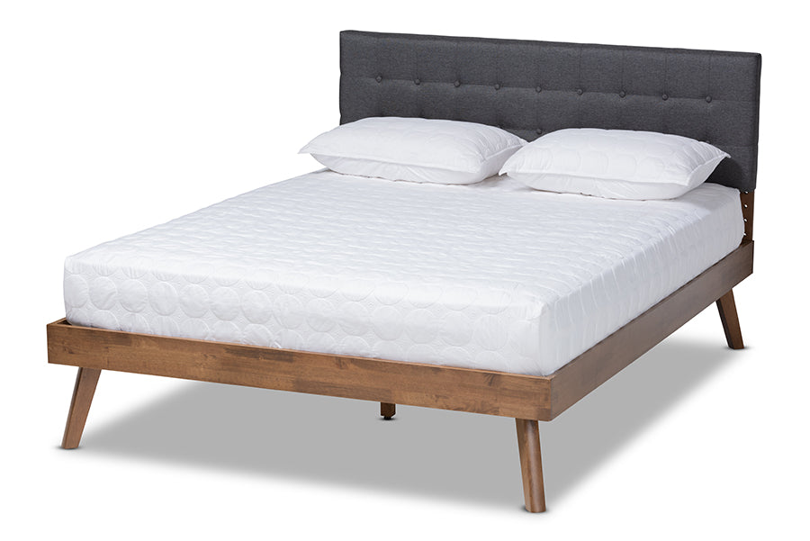 Baxton Studio Devan Mid-Century Modern Dark Grey Fabric Upholstered Walnut Brown Finished Wood Queen Size Platform Bed