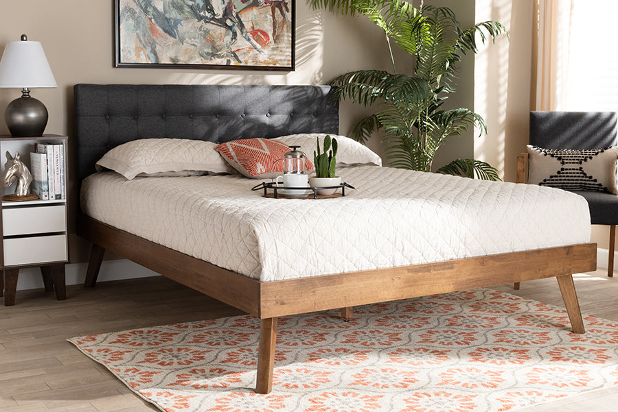 Baxton Studio Devan Mid-Century Modern Dark Grey Fabric Upholstered Walnut Brown Finished Wood King Size Platform Bed