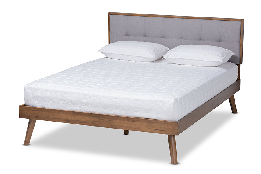 Baxton Studio Alke Mid-Century Modern Light Grey Fabric Upholstered Walnut Brown Finished Wood Full Size Platform Bed