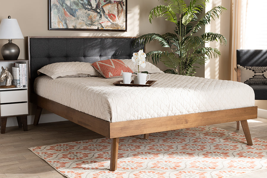 Baxton Studio Alke Mid-Century Modern Dark Grey Fabric Upholstered Walnut Brown Finished Wood King Size Platform Bed