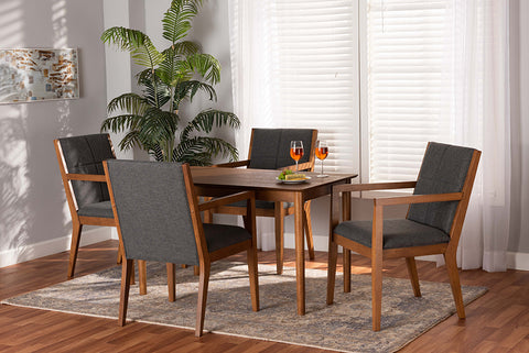 Baxton Studio Theresa Mid-Century Modern Dark Grey Fabric Upholstered and Walnut Brown Finished Wood 5-Piece Dining Set