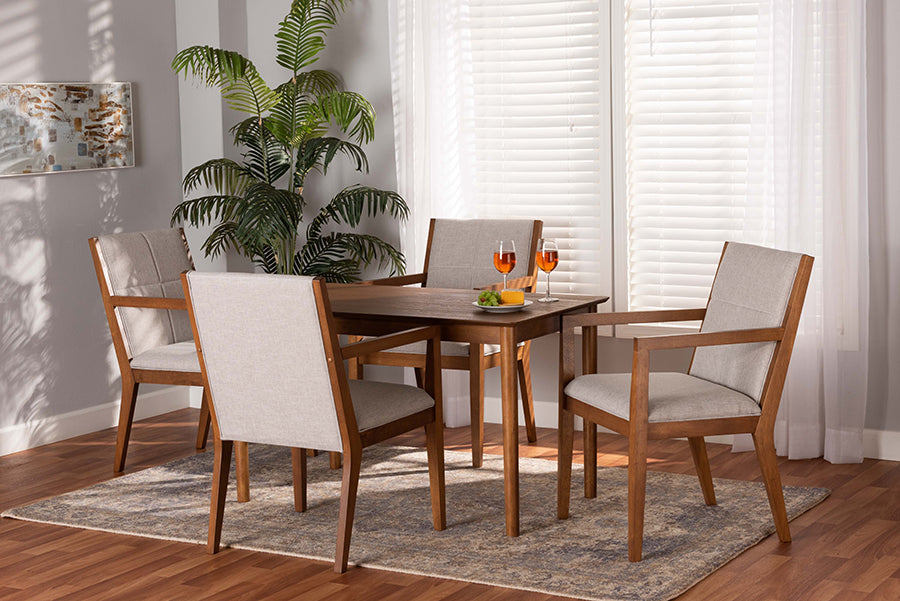 Baxton Studio Theresa Mid-Century Modern Greyish Beige Fabric Upholstered and Walnut Brown Finished Wood 5-Piece Dining Set