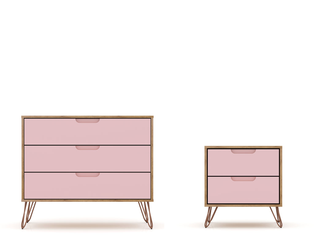 Manhattan Comfort Rockefeller Mid-Century Modern 2-Piece Dresser Set in Pink