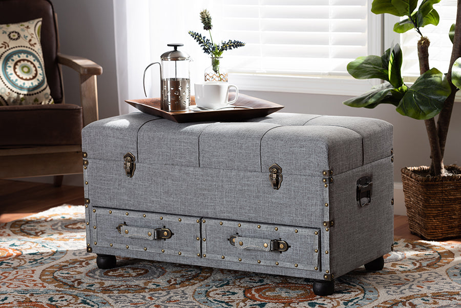 Baxton Studio Flynn Modern Transitional Grey Fabric Upholstered 2-Drawer Storage Trunk Ottoman
